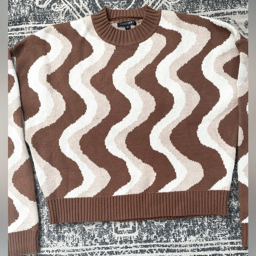 NWOT Papermoon Brown & Tan Cropped Crewneck Sweater: Size M - Picture 1 of 2
